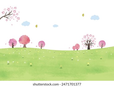 Meadow and cherry blossom trees watercolor