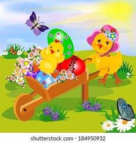 Meadow with chicken  and wheelbarrow