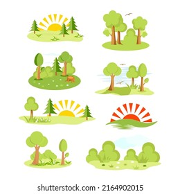 Meadow, clearing in the forest with trees, bushes, grass. City park. Vector color set in flat style.