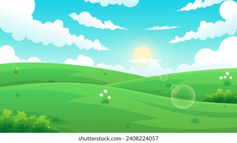 Meadow with clouds and blue sky. Landscape nature wild grass bushes flowers forest countryside	