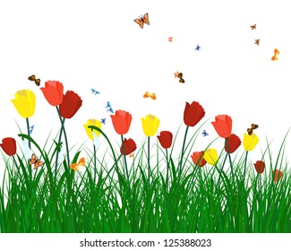 Meadow color background with butterflies. All objects are separated. Vector illustration.