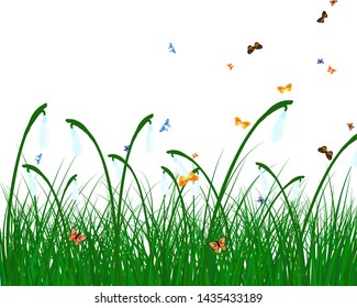 Meadow color background with butterfly and sun. All objects are separated. Vector illustration with transparency. Eps 10.