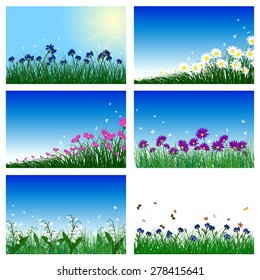 Meadow color background set with sun. All objects are separated. Vector illustration with transparency  and mesh. Eps 10.