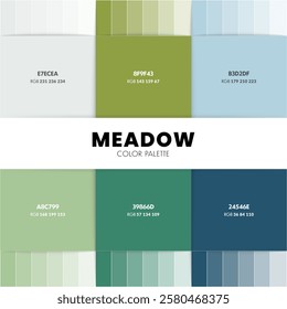 Meadow color palettes or color schemes are trends combinations and palette guides this year, a table color shades in RGB or HEX. Color swatch for graphic design, fashion, home, or interior design.