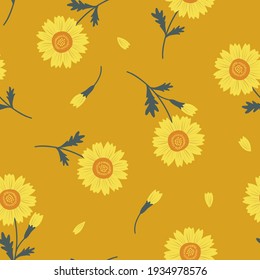 Meadow Corn Marigold wildflower seamless vector pattern. Boho botanical floral daisy background. Delicate field flower and petals herbarium illustration.