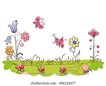 Meadow with Cute Flowers and butterflies on a white background