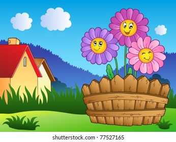 Meadow with daisies and fence - vector illustration.