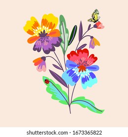Meadow delicate bouquet with spring flowers and insects butterflies, dragonflies and beetles, spring pattern, for postcards, packaging, web design, vector illustration