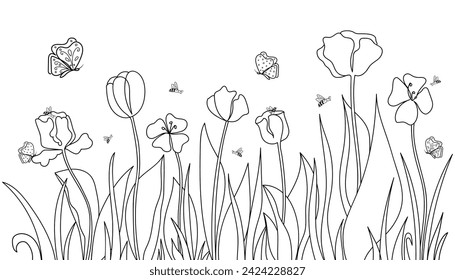 Dibujo de caricaturas en la pradera. Flores silvestres, hierba, mariposas, abejas. Página de coloreado horizontal. El concepto de miel de mayo. Ilustración simple del vector botánico para el libro de coloreado.