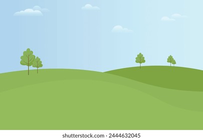 Meadow field with blue sky with clouds. Summer spring perfect natural landscape.