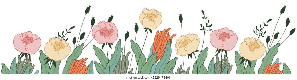 Meadow field cartoon flowers. Horizontal vector print.