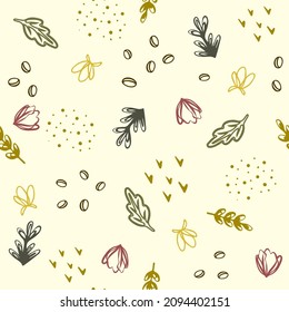 Meadow field flowers. Seamless pattern of abstract doodles of ears of flowers grass. Simple doodle modern design for printing onto fabric, paper, packaging of bakery products, background, cover