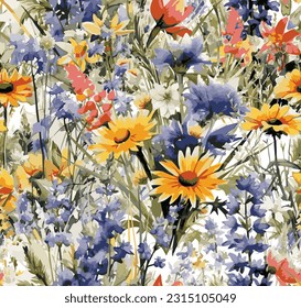 Meadow field flowers vector seamless pattern, fabric print watercolor background. Red blue yellow flowers, green leaves. Meadow field wildflowers colorful textile print design