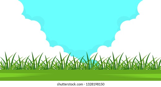 Meadow field. Summer or spring nature background with green grass landscape, clouds, sky.