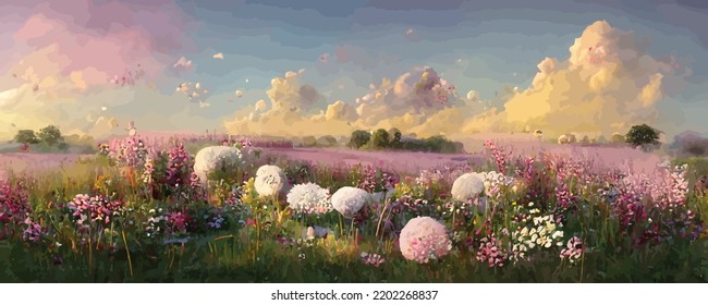meadow filled with pastel pink lilac white and yellow