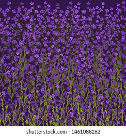 Meadow floral horizontal vector seamless pattern. Lots of small purple violets, green stalks and leaves on black background. Fairytale ornamental garden template for design, decor, border, poster.