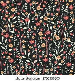 Meadow Floral seamless pattern on dark background.  Vector illustration for textile, print, wallpapers, wrapping.