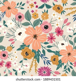 Meadow floral seamless pattern in pretty pastel colors of pink, coral and yellow. 