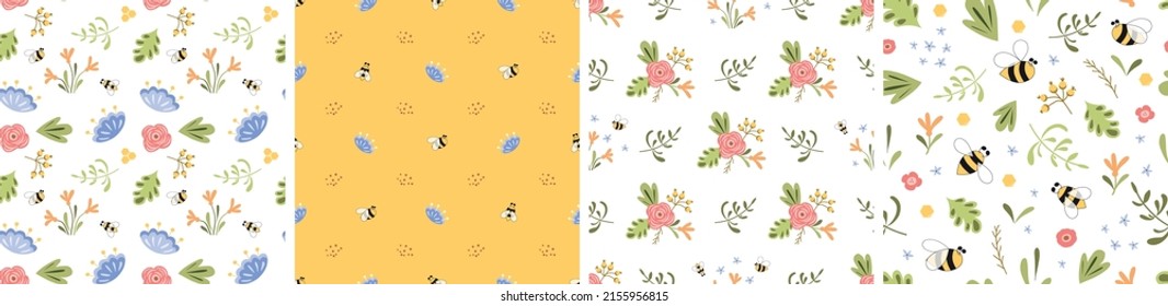 Meadow floral summer pattern set. Flowers and honey Bee nature repeated background. Vector illustration. Cute hand drawn spring summer flower bees honey Bright repeated pattern fabric wallpaper.