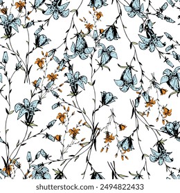 Meadow flower bell. Seamless pattern. Herbal composition for your fabric printing and packaging.