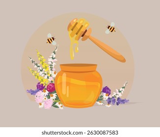 Meadow flower honey with bees around the jar of honey