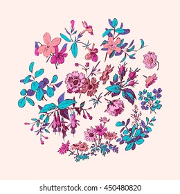 Meadow flower, leaf set round vector isolated on pink