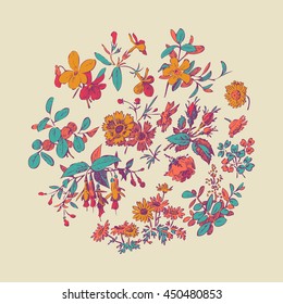 Meadow flower, leaf set round vector isolated on beige