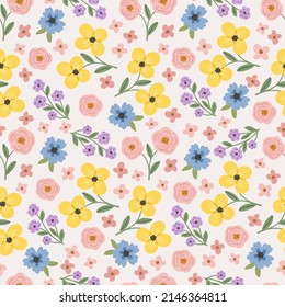 Meadow flower seamless pattern, colorful hand 
drawn vector digital paper background for fabric, textile, 
stationery, wallpaper.