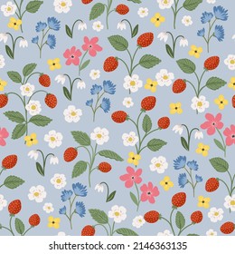 Meadow flower seamless pattern with strawberry, colorful hand 
drawn vector digital paper background for fabric, textile, 
stationery, wallpaper.
