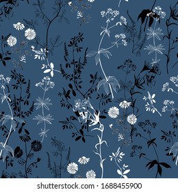 Meadow flower silhouettes seamless pattern. Vector floral drawing.