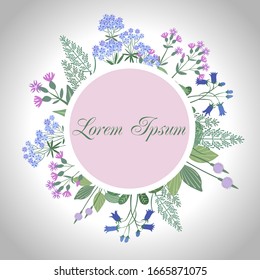 Wiesen Blumen botanischer Kreis Rahmen, rundes Kräuterlogo flache Vektorillustration Illustration.