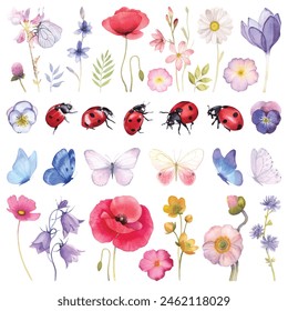 Flores de prado, mariposas, insectos. Conjunto de ilustración de acuarela, flor silvestre, campo de verano de flores, mariquita, mariquita. Jardín, gardencore.Toalla de cocina, mantel, vestido para niñas, parachoques de la cuna, borde