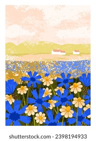 Meadow flowers card. Summer field, rural countryside nature. Landscape background with blue cornflower and chamomile, floral plants. Summertime country scenery, poster. Flat vector illustration