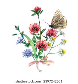 Meadow flowers of clover, chamomile, chicory, butterfly, ribbon. Vector illustration in watercolor style. Greeting cards, invitations, covers, flyers.