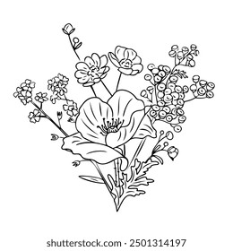 Ramo de doodle de contorno de flores de prado. Etiquetas engomadas monocromáticas del contorno botánico estacional con la amapola, el buttercup, el tansy y las flores de myosotis. Vector Clipart de dibujos de boceto aislados sobre fondo blanco