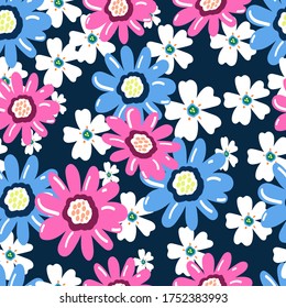 Meadow flowers daisies and stars on a blue background. For textiles, background, Wallpaper, packaging paper, fabric, textiles.
