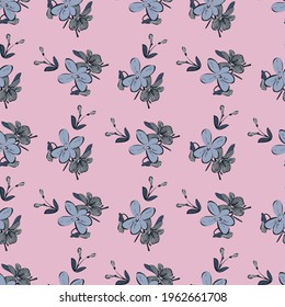 Meadow flowers drawing, bloom in grey color. Floral seamless pattern. Nature abstract background vector wallpaper. Line art botanical illustration graphic design print. Trendy pastel pink colors
