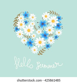Meadow flowers. Field flowers in heart shape. vector doodle ornamental pattern with chamomile, cornflowers and field herbs