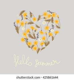 Meadow flowers. Field flowers in heart shape. vector doodle ornamental pattern with dandelions