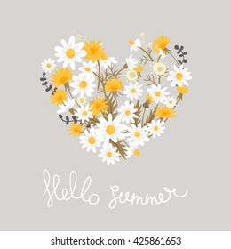 Meadow flowers. Field flowers in heart shape. vector doodle ornamental pattern with chamomile, dandelions and field herbs