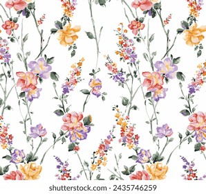 Meadow flowers, grass, herbs. Seamless herbal background in white colors for fashion design. Watercolor