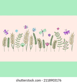 Meadow flowers and grasses. Design for print, invitations and greeting cards. 