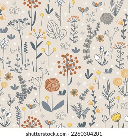 Meadow flowers and herbs boho seamless pattern. Blooming grass doodle background in Scandinavian style. Folk vector pattern