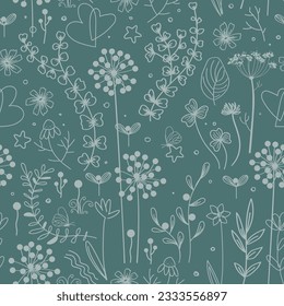 Meadow flowers and herbs boho seamless pattern. Blooming grass doodle background in Scandinavian style. Folk vector pattern