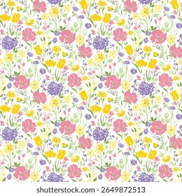 Meadow flowers and herbs seamless pattern. Meadow Cosmos flower. Blue, pink, yellow floral background