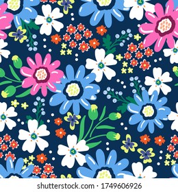 Flores praderas en un fondo oscuro. Para textiles, fondo, papel tapiz, papel de embalaje, tela, textiles.