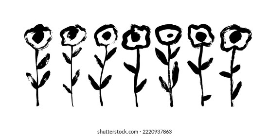 Meadow flowers on the field elements isolated on white background. Brush drawn poppies or chamomile blossoms with stems. Vector black and white floral cliparts. Vector abstract chamomiles. 