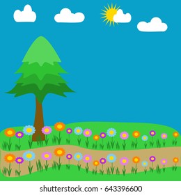 A meadow of flowers with a pine tree and sky and clouds