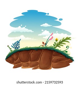 meadow with flowers plants and rocks fantasy cartoon illustration