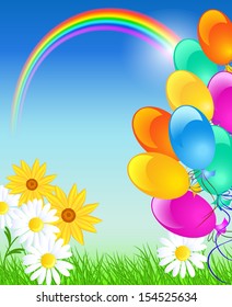 Meadow flowers, rainbow, balloons and blue sky